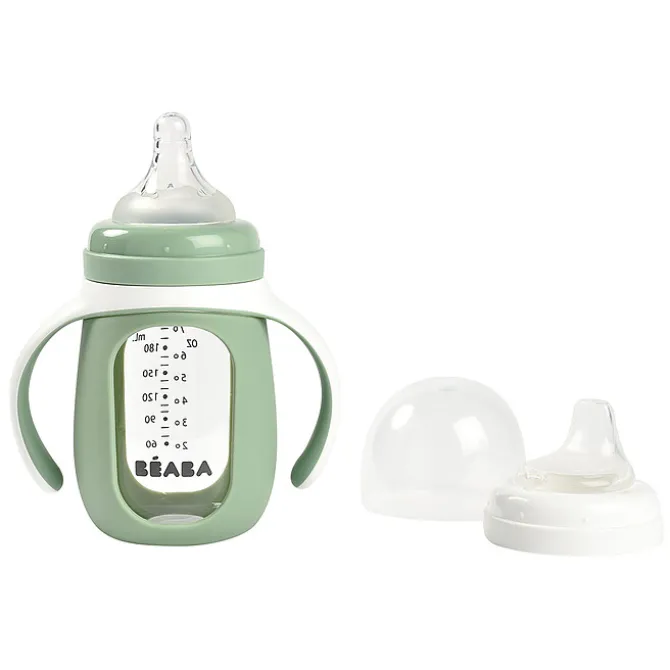 BÉABA Biberon Verre d'Apprentissage 2-en-1 Sage Green - 210 ml