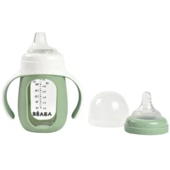 BÉABA Biberon Verre d'Apprentissage 2-en-1 Sage Green - 210 ml