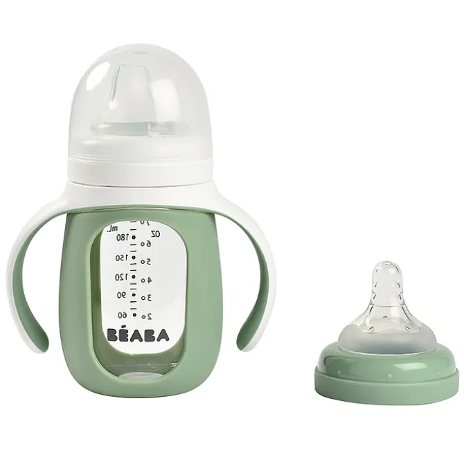 BÉABA Biberon Verre d'Apprentissage 2-en-1 Sage Green - 210 ml