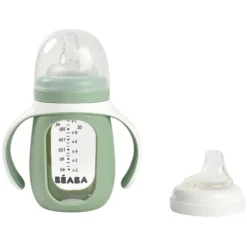 BÉABA Biberon Verre d'Apprentissage 2-en-1 Sage Green - 210 ml