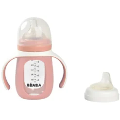 BÉABA Biberon Verre d'Apprentissage 2-en-1 Old Pink - 210 ml