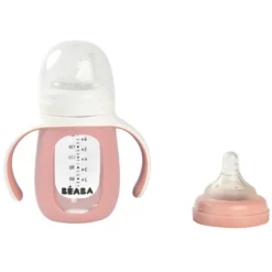 BÉABA Biberon Verre d'Apprentissage 2-en-1 Old Pink - 210 ml