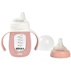 BÉABA Biberon Verre d'Apprentissage 2-en-1 Old Pink - 210 ml