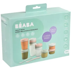 BÉABA Pack Premier Repas 12 Portions Clip + 2 Cuillères 1er Âge Silicone - Eucalyptus