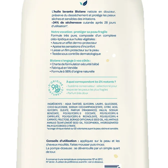 Biolane Huile Lavante Dermo-protectrice - 500 ml