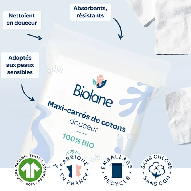 Biolane Lot de 60 Maxi Carrés de Coton
