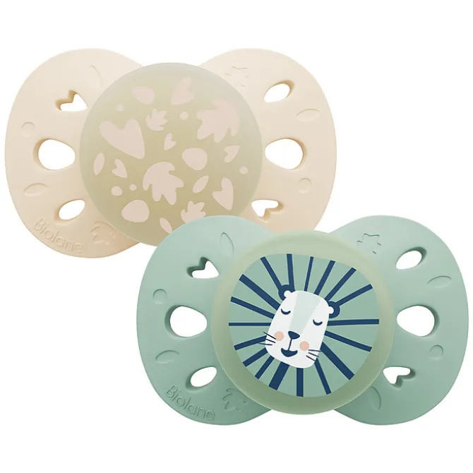 Biolane Lot de 2 Sucettes Anatomiques Nuit Vert et Beige - 6/18 Mois