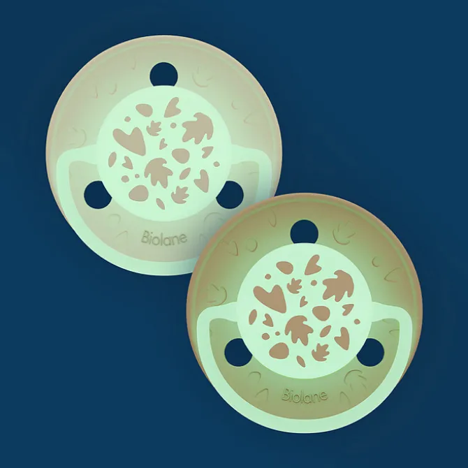 Biolane Lot de 2 Sucettes Rondes Nuit Beige Clair et Marron - 0/6 Mois