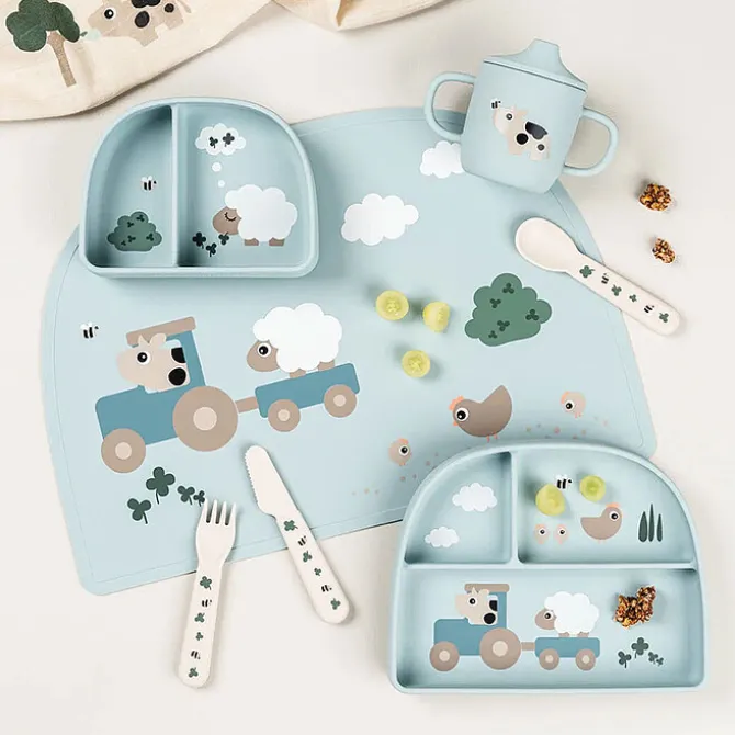 Done by Deer Assiette Stick & Stay Compartimentée - Tiny Farm Bleu