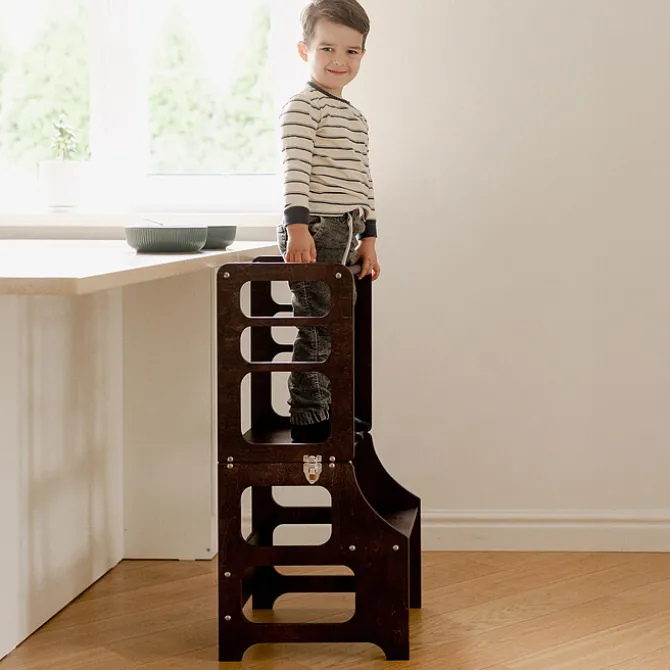 Duck Woodworks Tour de Cuisine Pliable en Bouleau Avec Kit Chaise Haute - Brun Expresso