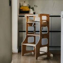 Duck Woodworks Tour de Cuisine Pliable en Bouleau Avec Kit Chaise Haute - Naturel
