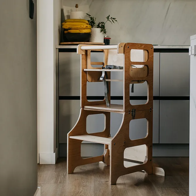 Duck Woodworks Tour de Cuisine Pliable en Bouleau Avec Kit Chaise Haute - Naturel