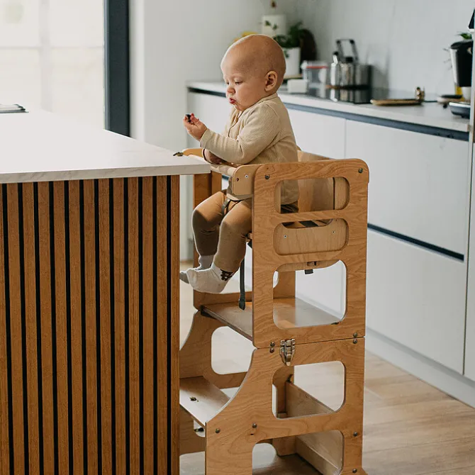 Duck Woodworks Tour de Cuisine Pliable en Bouleau Avec Kit Chaise Haute - Naturel