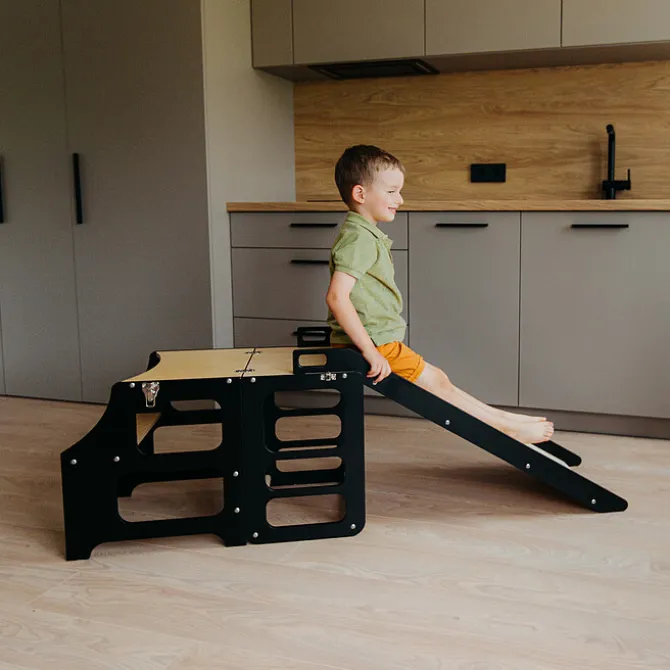 Duck Woodworks Tour de Cuisine Pliable en Bouleau avec Toboggan - Noir
