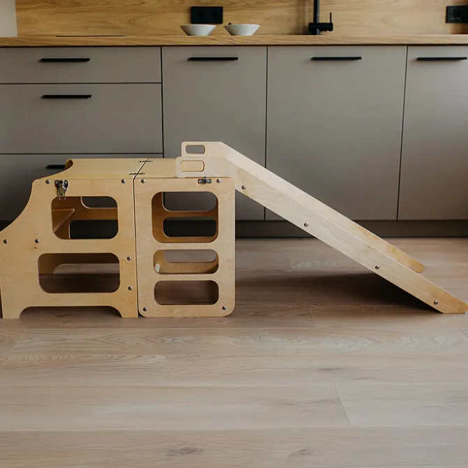 Duck Woodworks Tour de Cuisine Pliable en Bouleau avec Toboggan - Naturel