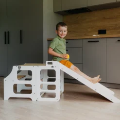 Duck Woodworks Tour de Cuisine Pliable en Bouleau avec Toboggan - Blanc