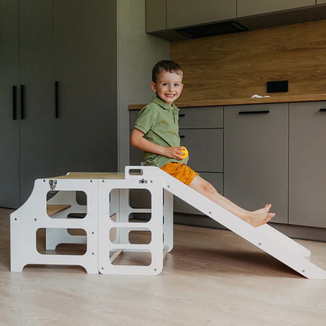 Duck Woodworks Tour de Cuisine Pliable en Bouleau avec Toboggan - Blanc