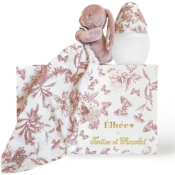 Elhée Coffret Biberon BibRond 150 ml et Doudou - Toile de Jouy Terracotta
