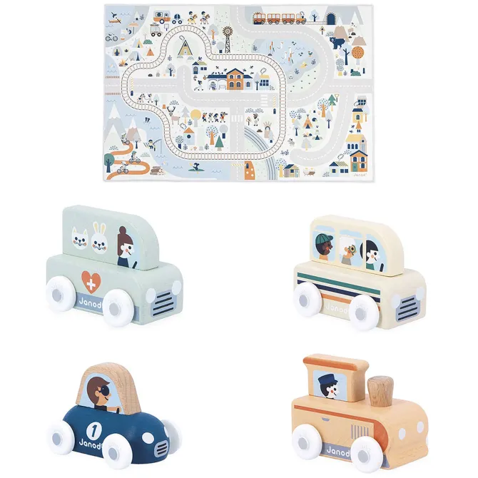 Janod Pack Tapis Vallée Blanche et 4 Voitures - Cross Roads