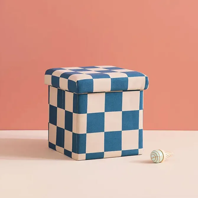 Kid's Concept Pouf Assise avec Rangement - Carreaux Damiers Bleu