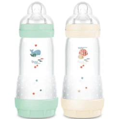 MAM Lot de 2 Biberons Anti-coliques Easy Menthe et Coton - 320 ml