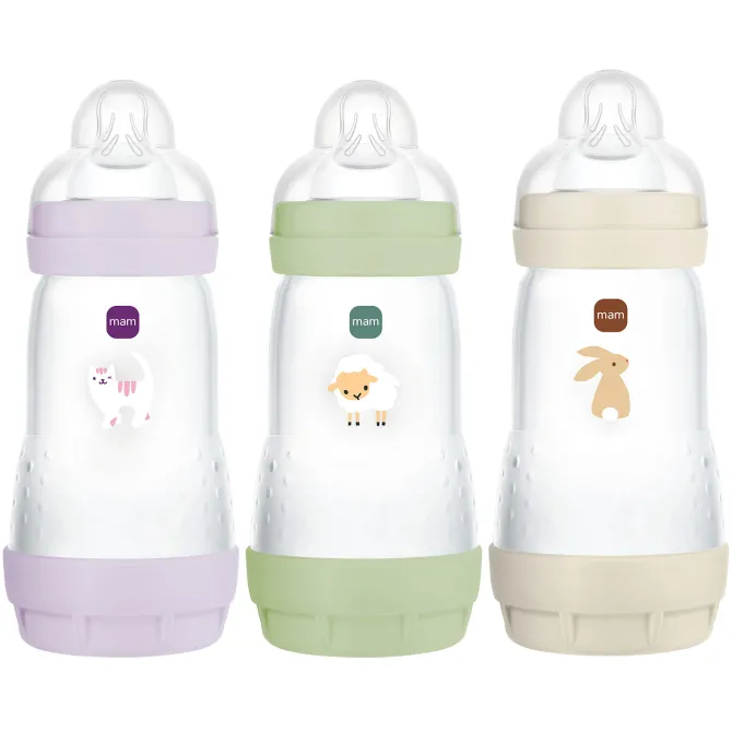 MAM Lot de 3 Biberons Anti-coliques Easy Start Lilas, Vert et Sable - 260 ml