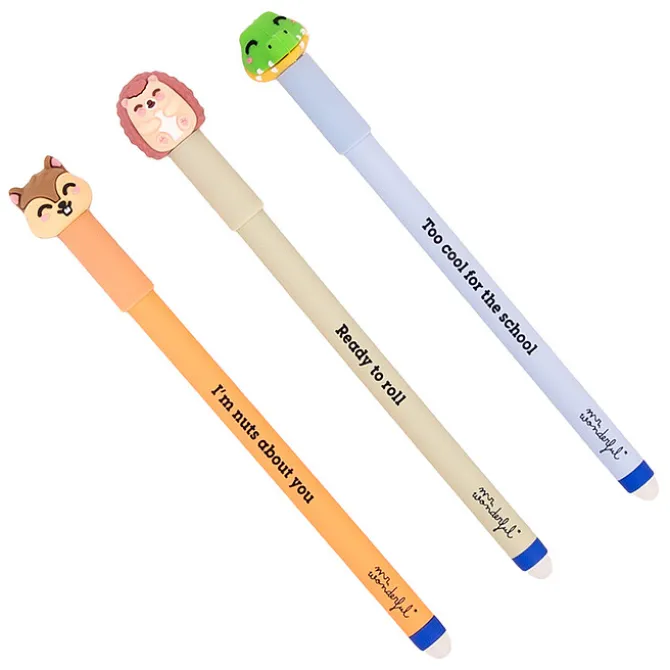 Mr Wonderful Lot de 3 Stylos Effaçables Bo-Bo - Écureuil, Hérisson et Crocodile