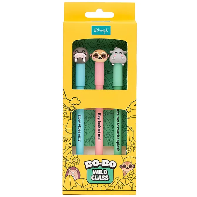 Mr Wonderful Lot de 3 Stylos Effaçables Bo-Bo - Morse, Surricate et Hippopotame