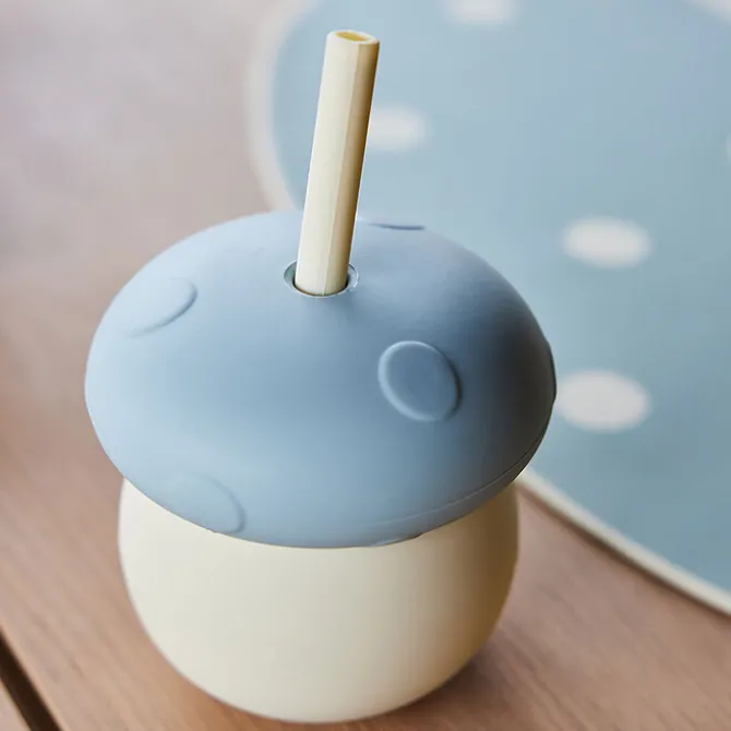 OYOY Verre avec Paille Champignon - Off White Blue