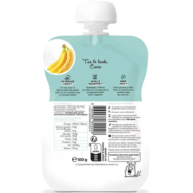 Popote Gourde Repas Bio Brassé Coco Banane - 100 g