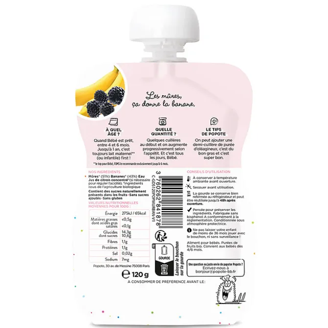 Popote Gourde Repas Bio Mûres et Banane - 120 g