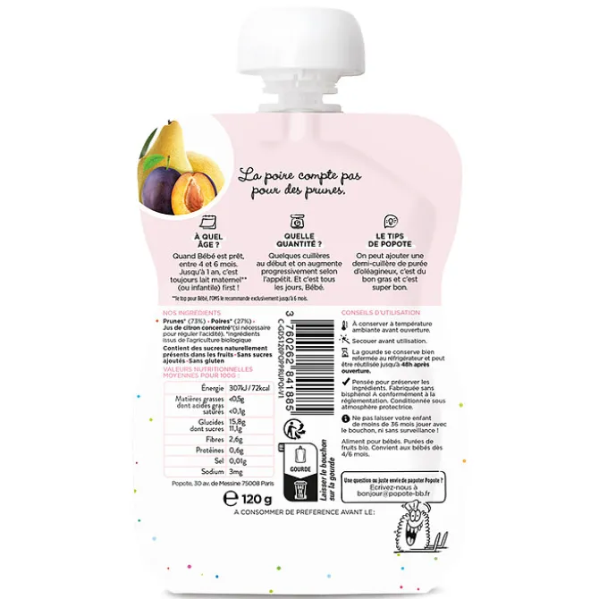 Popote Gourde Repas Bio Prunes et Poire - 120 g