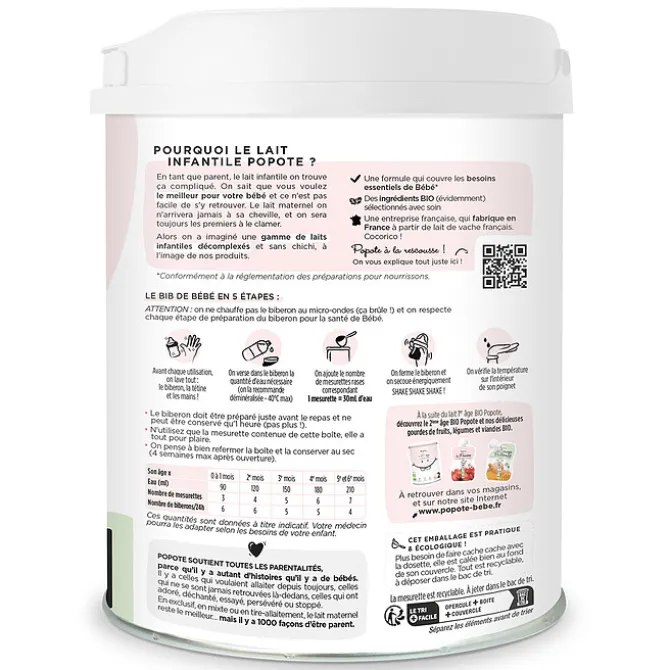 Popote Lait 1er Âge Bio - 800 g