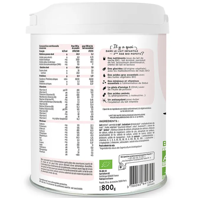 Popote Lait 2ème Âge Bio - 800 g