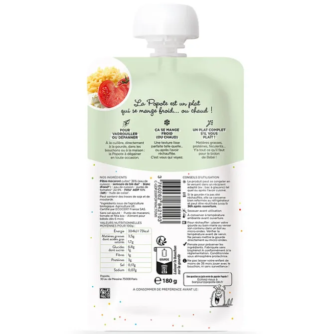 Popote Le Petit Plat Macaroni, Tomate et Féta - 80 g
