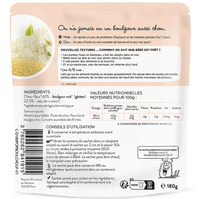 Popote Les Moulinés Chou-fleur et Boulgour - 180 g