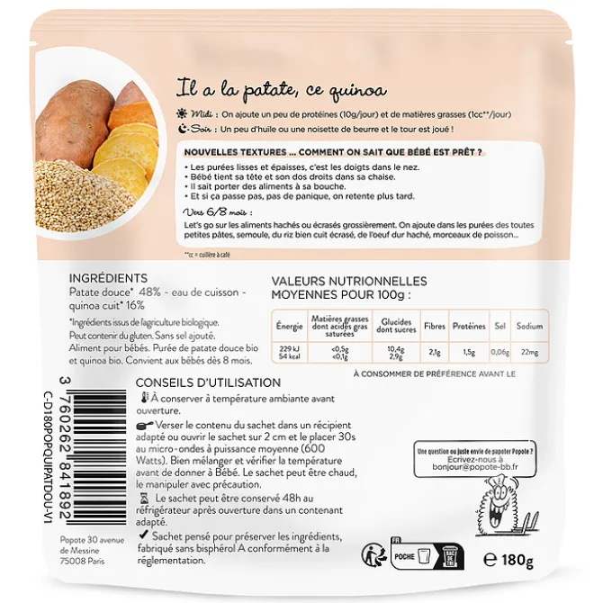 Popote Les Moulinés Patate Douce et Quinoa - 180 g