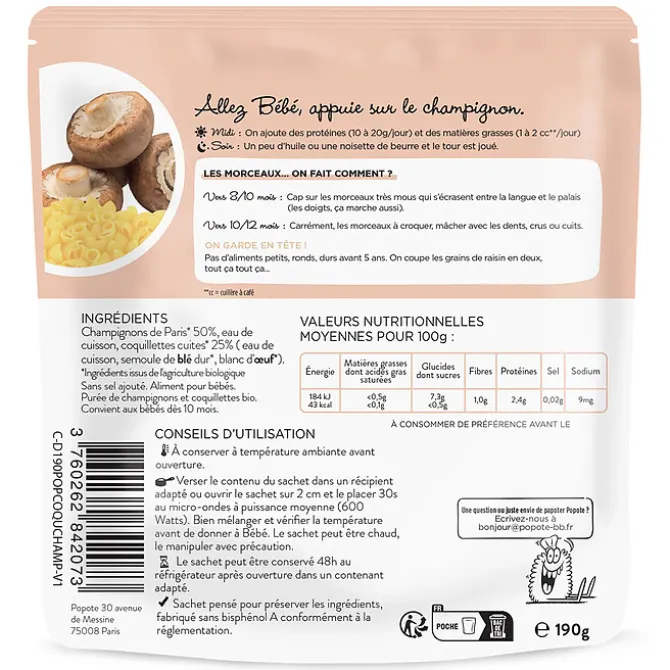 Popote Les Petits Morceaux Champignons et Coquillettes - 190 g