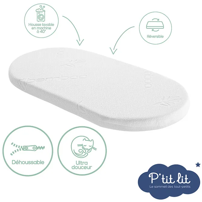P'tit Lit Matelas Mon P'tit Matelas de Couffin Bambou Déhoussable - 32 x 72 cm