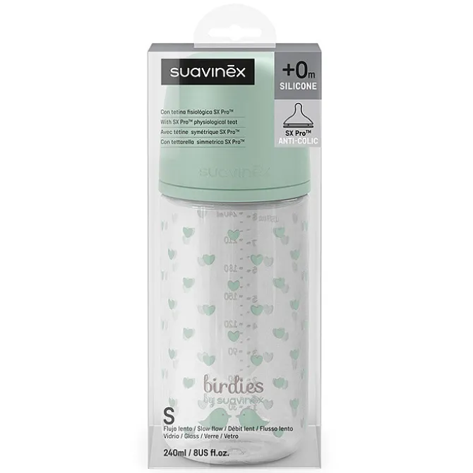 Suavinex Biberon Verre Tétine Symétrique SX Pro Birdies Vert - 240 ml