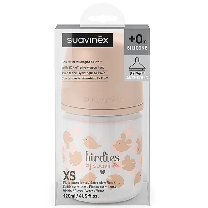Suavinex Biberon Verre Tétine Symétrique SX Pro Birdies Rose - 120 ml